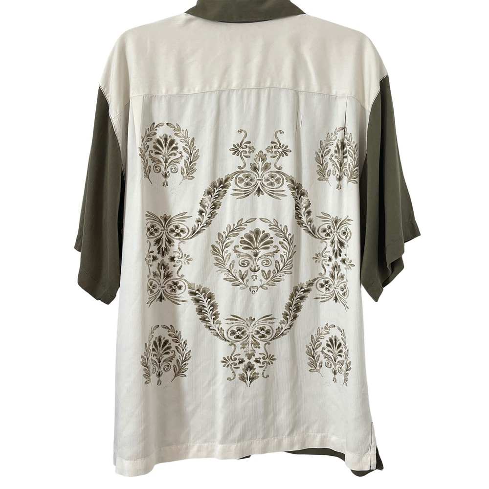 Tommy Bahama Men Large 100% Silk Floral Scroll Motif Back Camp Shirt Green Cream